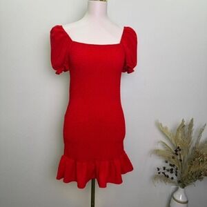 Vibrant Red Womens Size L Fully Smocked Short Sleeve Mini Dress